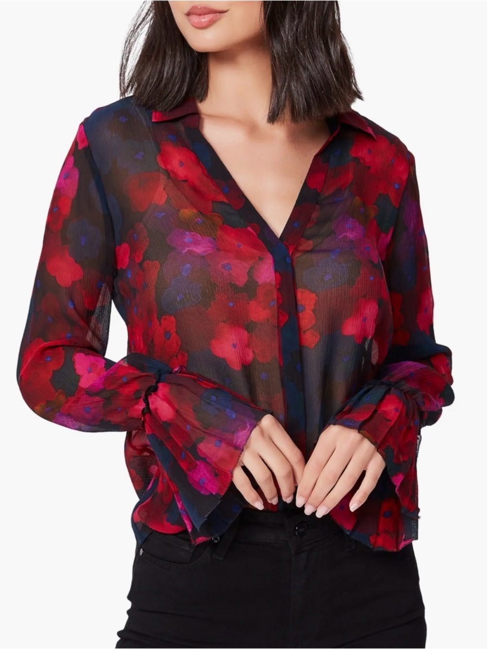 PAIGE Tuscany Blouse S Black Multi Floral 100% Silk Chiffon Ruffle Cuff